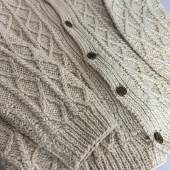 Vintage Aran Style  Fisherman Rustic Cable Knit Wool Button Down Cardigan - Picture 9 of 12